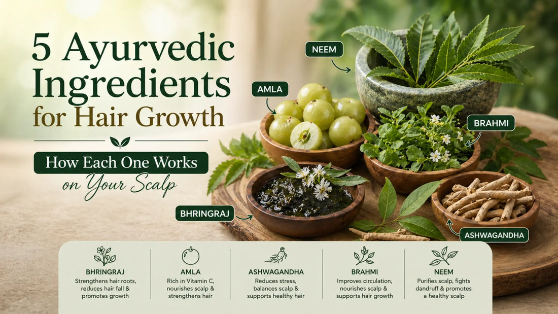 5 Ayurvedic ingredients for hair growth — Bhringraj, Amla, Ashwagandha, Brahmi, and Neem with benefits