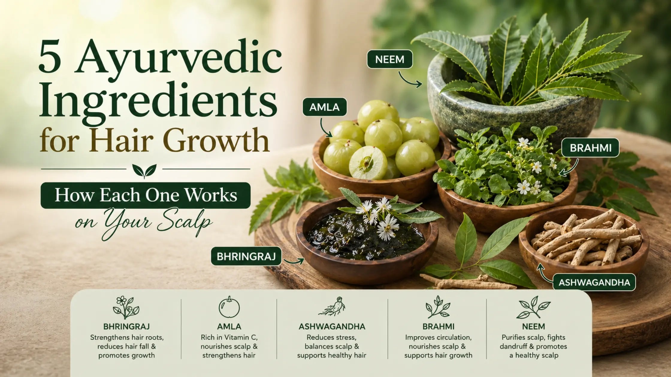 5 Ayurvedic ingredients for hair growth — Bhringraj, Amla, Ashwagandha, Brahmi, and Neem with benefits