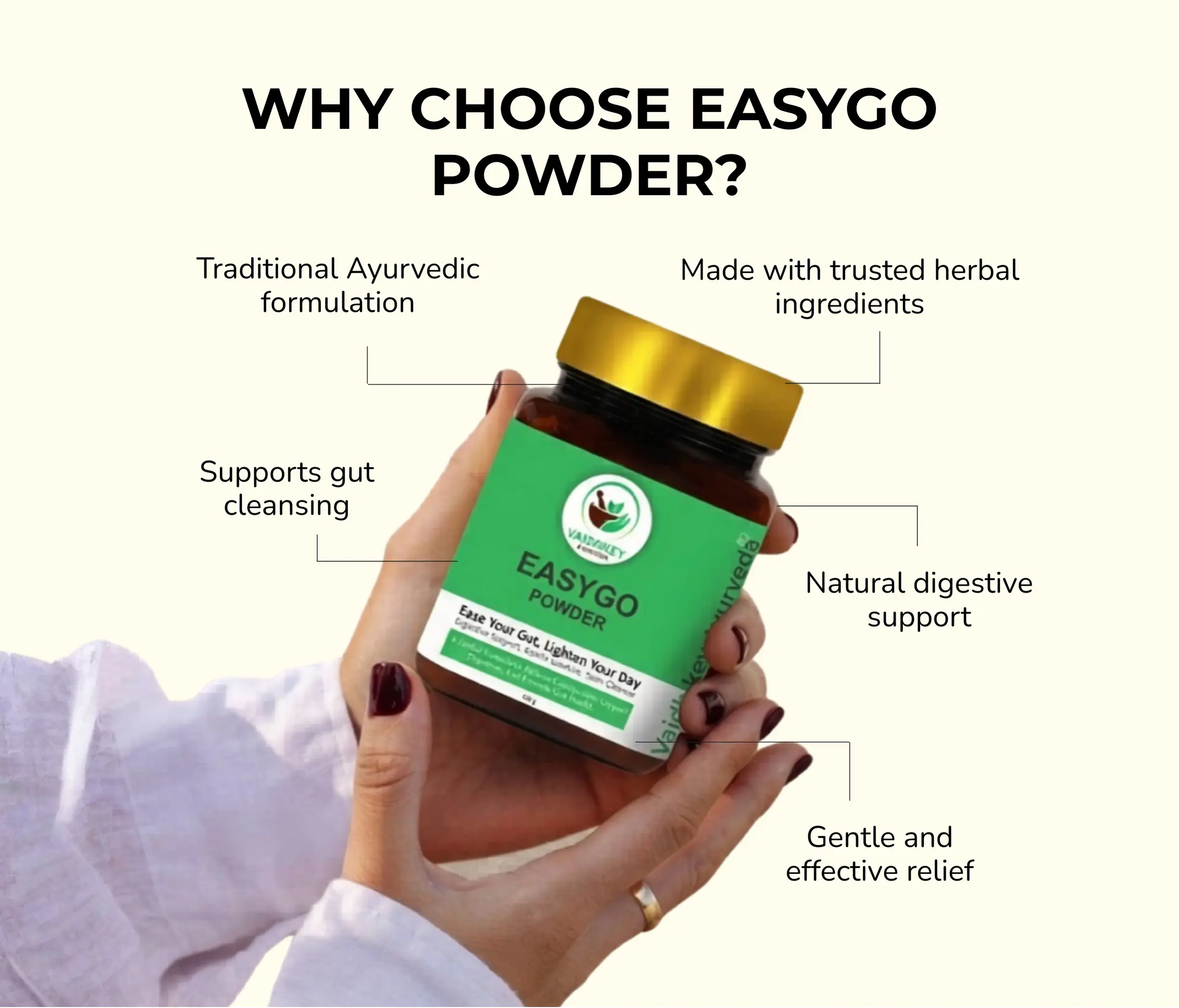 Hand holding a jar of EASYGO Powder with benefits listed on a white background