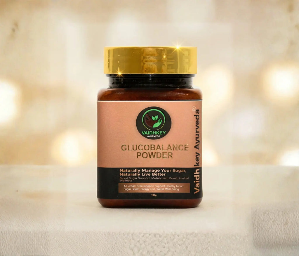 Jar of Vaidhikay Glucobalance Powder on a soft, blurred background