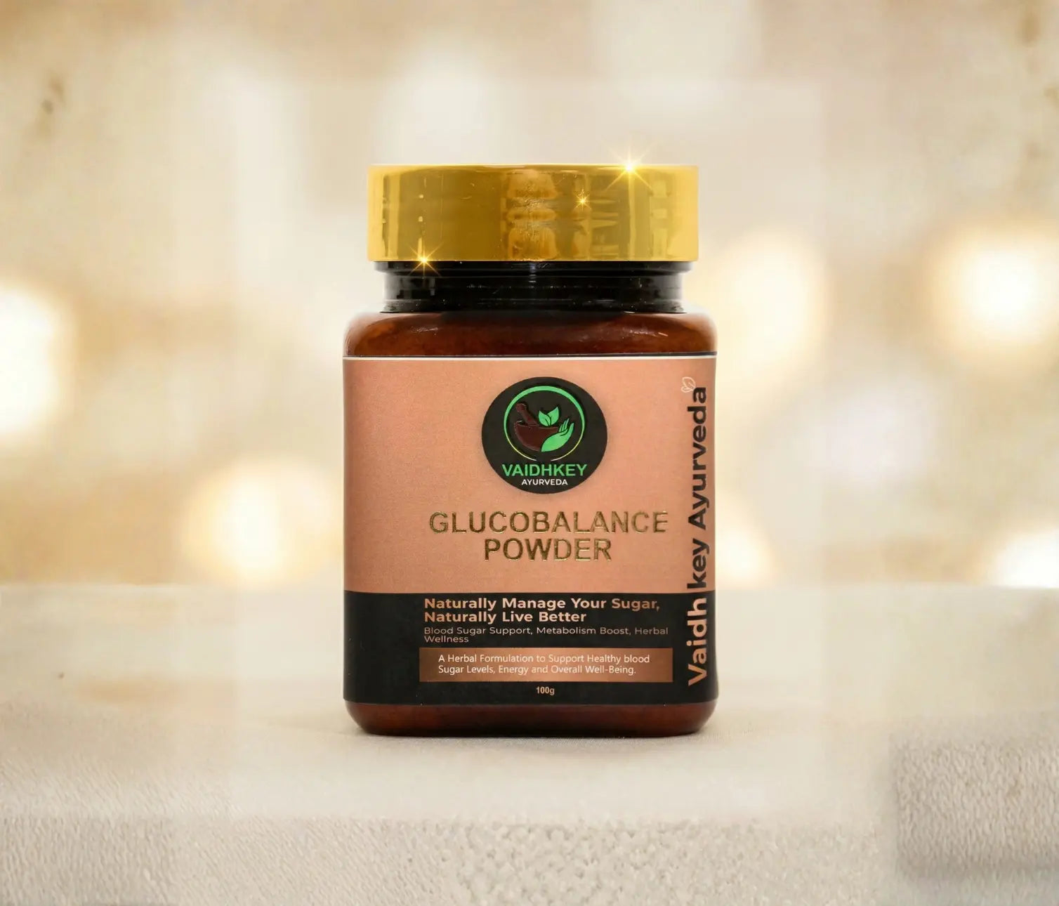 Jar of Vaidhikay Glucobalance Powder on a soft, blurred background