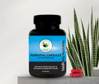 Bottle of Vaidhkey Ayurveda Hairvital capsules with a plant in the background