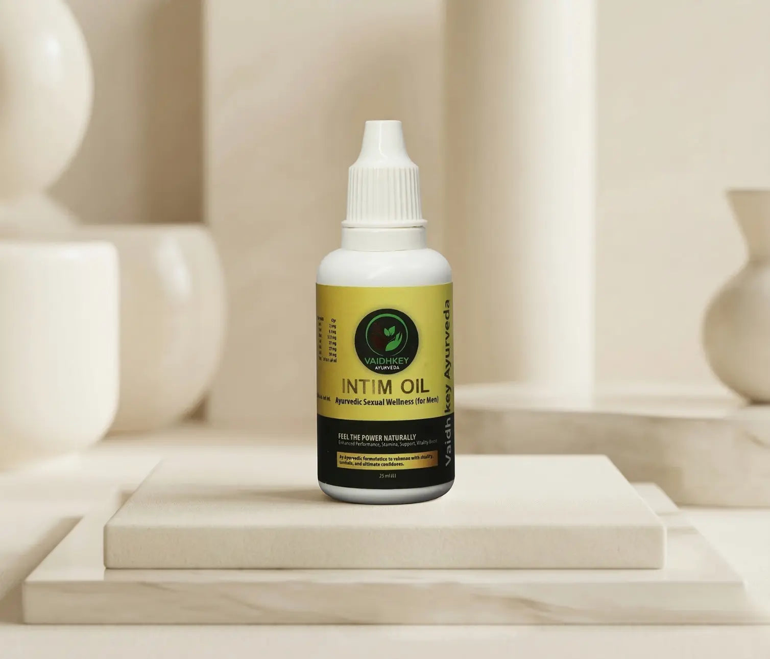 Bottle of Intim Oil on a decorative shelf with a neutral background