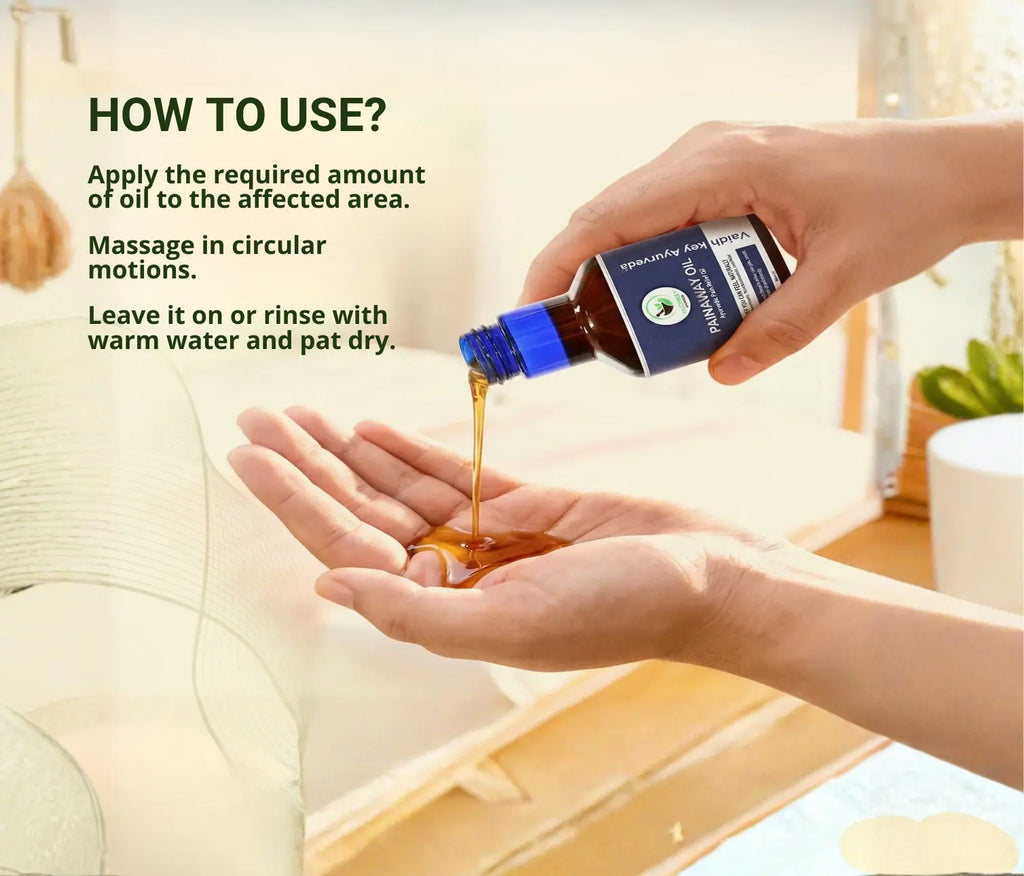Hand pouring pain way oil from a bottle into another hand with text on how to use the oil.