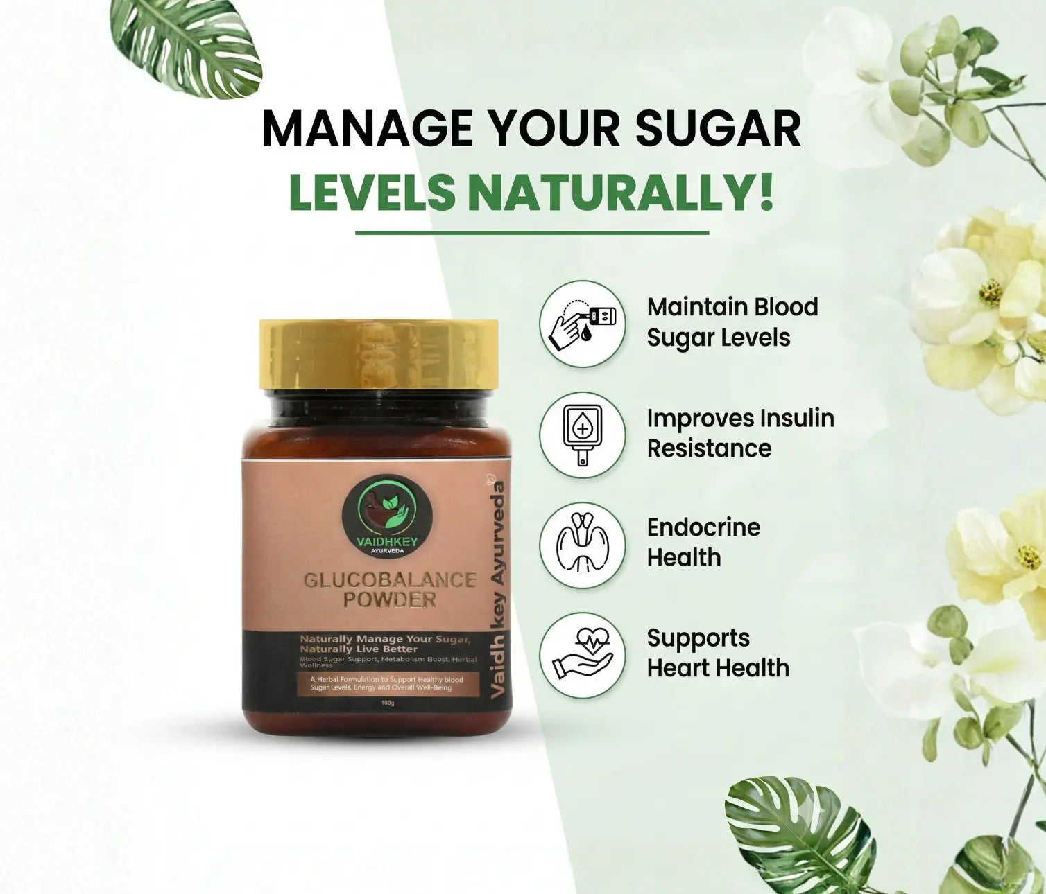 Glucobalance powder container with health benefits on a white background