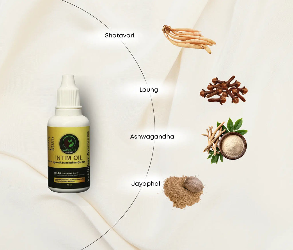 Intim oil bottle with Ayurvedic ingredients on a light background