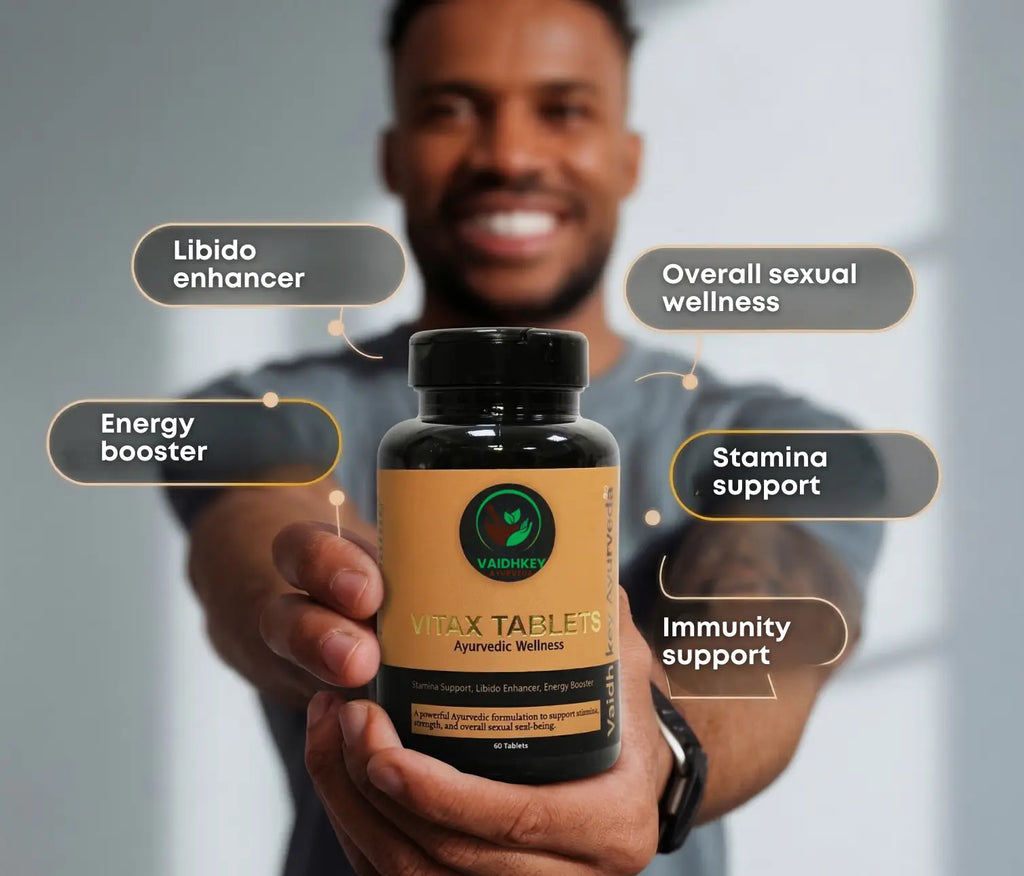 Person holding a bottle of Vaidiksh Ayurvedic Wellness Vax Tablets with text on benefits.