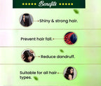 Hair care product benefits listed with images and text on a green background