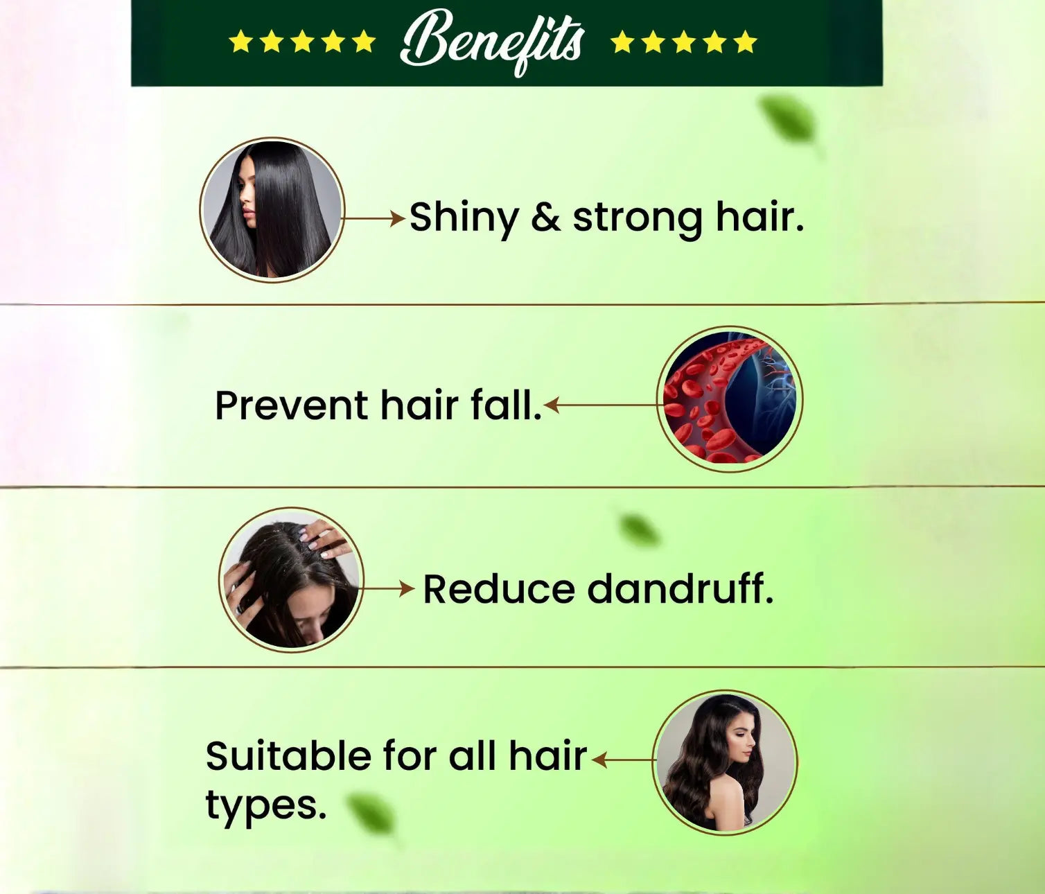 Hair care product benefits listed with images and text on a green background