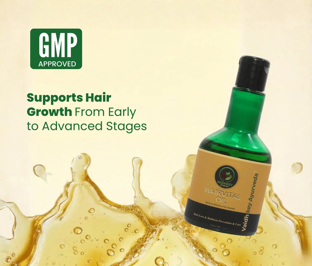 Harvita hair oil bottle with oil splashes and GMP approval logo on a beige background