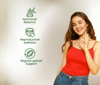 Woman in a red tank top and blue jeans with icons and text about hormonal balance, reproductive wellness, and regular period support on a light background.
