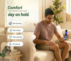 Man sitting on a couch applying a pain away oil to his leg with text about comfort and benefits.