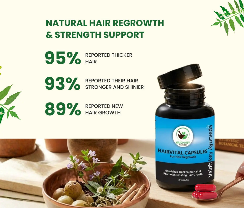 Hairvital capsules bottle with natural ingredients and statistics on hair regrowth support.