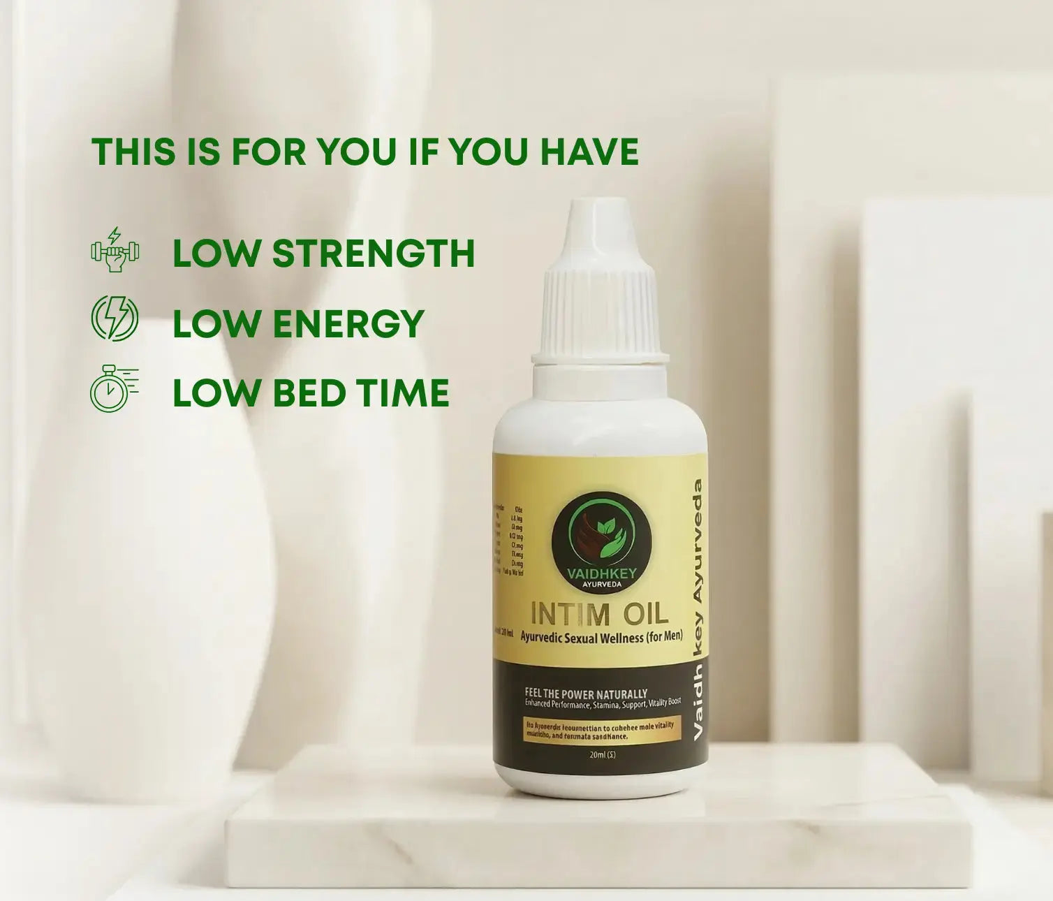 Bottle of intim oil with text on a neutral background