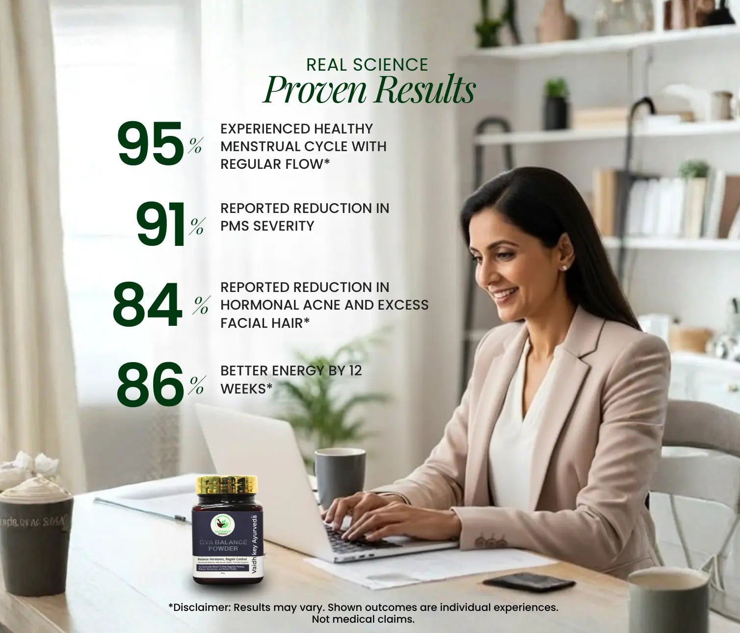 Woman working at a desk with a Ova balance powder on the table, surrounded by text about proven results.