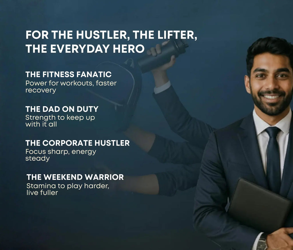 Man in a suit holding a tablet with motivational text on a dark blue background