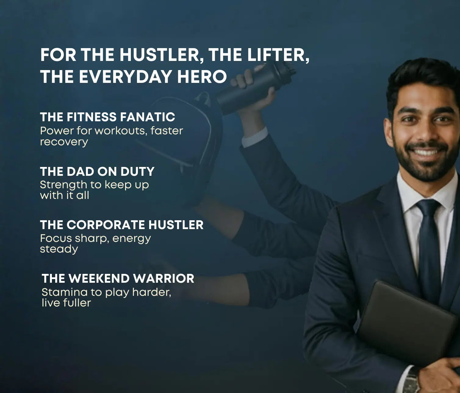 Man in a suit holding a tablet with motivational text on a dark blue background