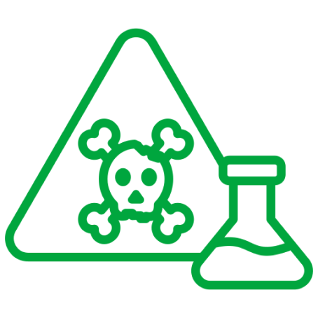 Green warning sign with skull and crossbones and beaker icon on a white background
