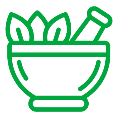 Green icon of a mortar and pestle with leaves on a white background